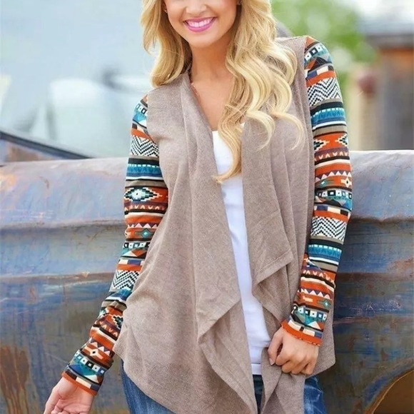 LAST 1! Waterfall Cardigan with Aztec Print Sleeves - Picture 4 of 4
